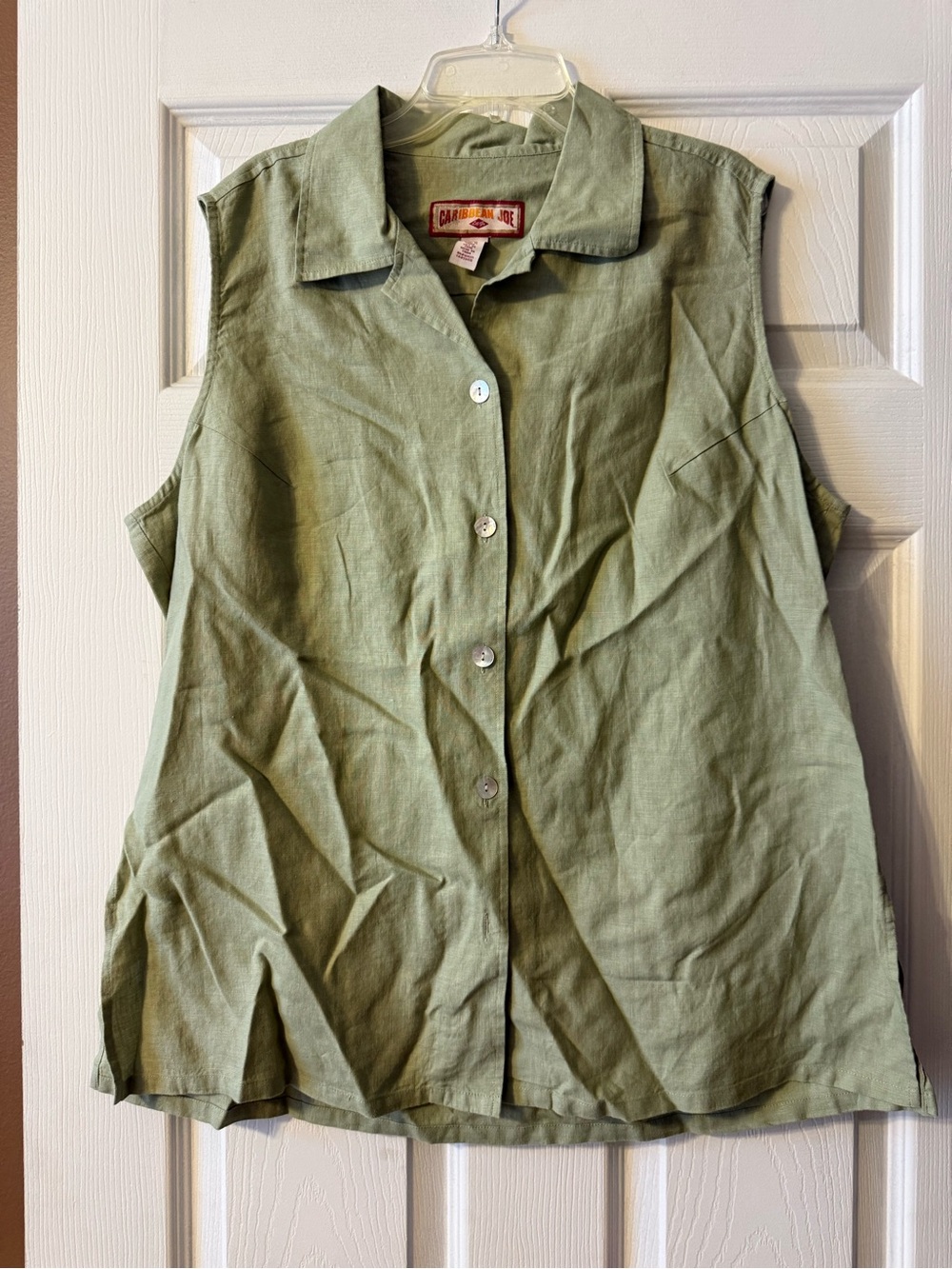 Caribbean Joe Sage Green Sleeveless Linen Button Down Blouse Shirt XL